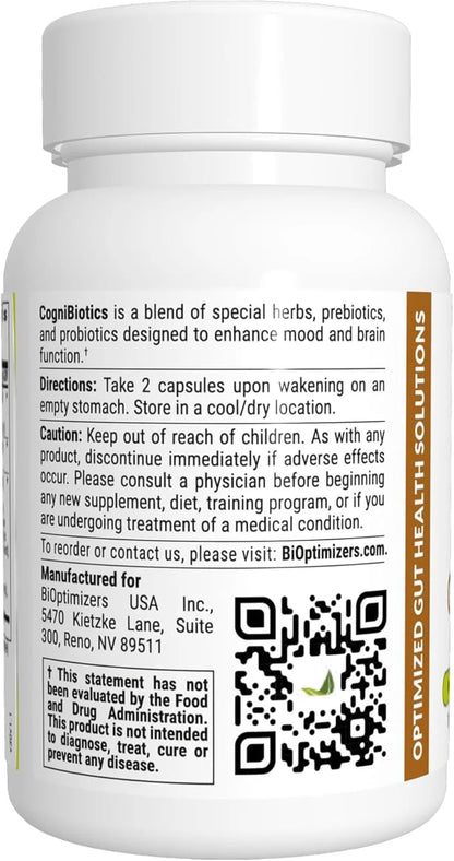 BiOptimizers Cognibiotics Probiotic Brain Supplement - Helps Support Mood, Better Focus, Memory, Mental Clarity - 30 Capsu...