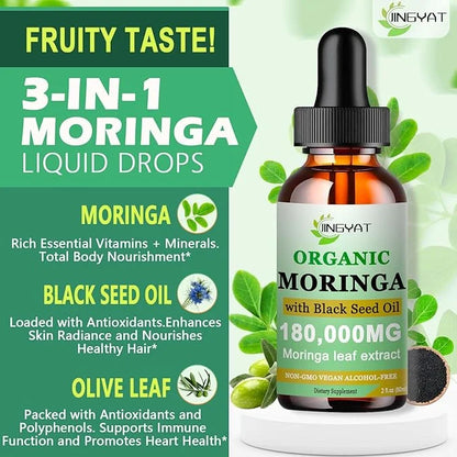 Organic Moringa Liquid Drops,Pure Moringa Oleifera Leaves Extract w/Black Seed Oil Supplement for Energy,Skin,Gut Health,I...