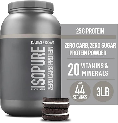 Isopure Zero Carb 100% Pure Whey Isolate Protein Powder, Lactose Free, Gluten Free, With Vitamins, Cookies & Cream, 25g Pr...