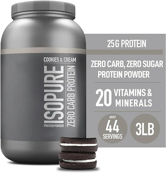 Isopure Zero Carb 100% Pure Whey Isolate Protein Powder, Lactose Free, Gluten Free, With Vitamins, Cookies & Cream, 25g Pr...