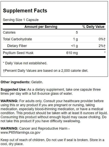 Swanson Psyllium Husk Dietary Fiber Supplement 610 mg 300 Capsules 2 Pack