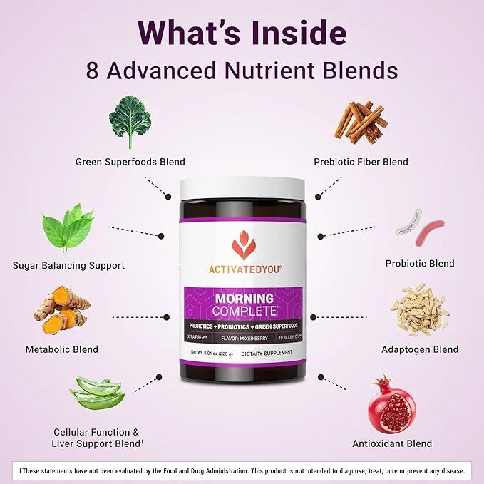 ACTIVATEDYOU Morning Complete Daily Wellness Greens Superfood Drink Mix for Gut Health w/Prebiotics, Probiotics, Antioxida...