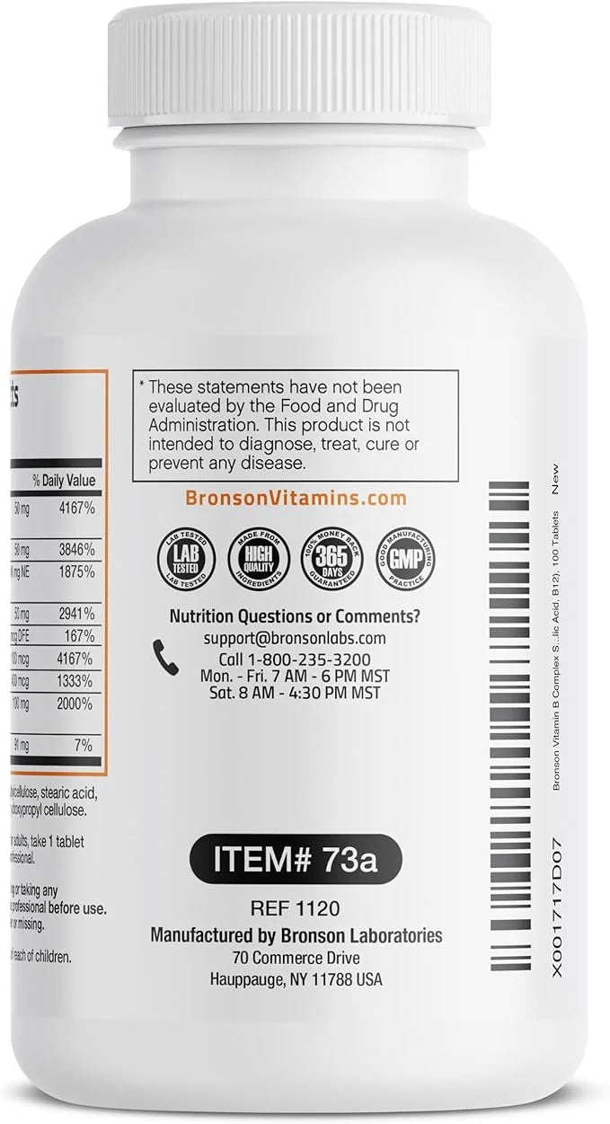 Bronson Super B Vitamin B Complex B1, B2, B2, B3, B3, B6, B6, B9 B9 - B12) Contains 100 Tablets