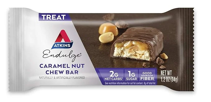 Atkins Caramel Almond Clusters, Gluten Free, High in Fiber, 1g Sugar, 2g Net Carb, 20 count & Endulge Caramel Nut Chew Bar...