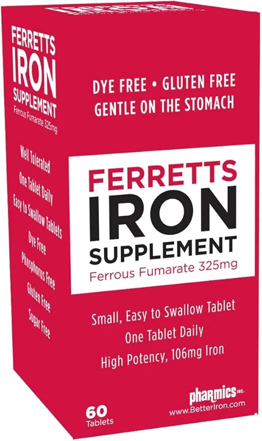 Iron Tablets 106mg (325mg Ferrous Fumarate) - 60 Day Supply of High Potency Iron Supplements for Women & Men - Gentle & No...