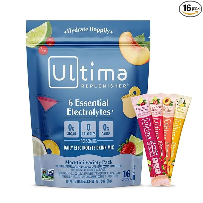 Ultima Replenisher Daily Electrolyte Powder Drink Mix – Mocktini Variety, 16 Stickpacks – Hydration Packets with 6 Key Ele...