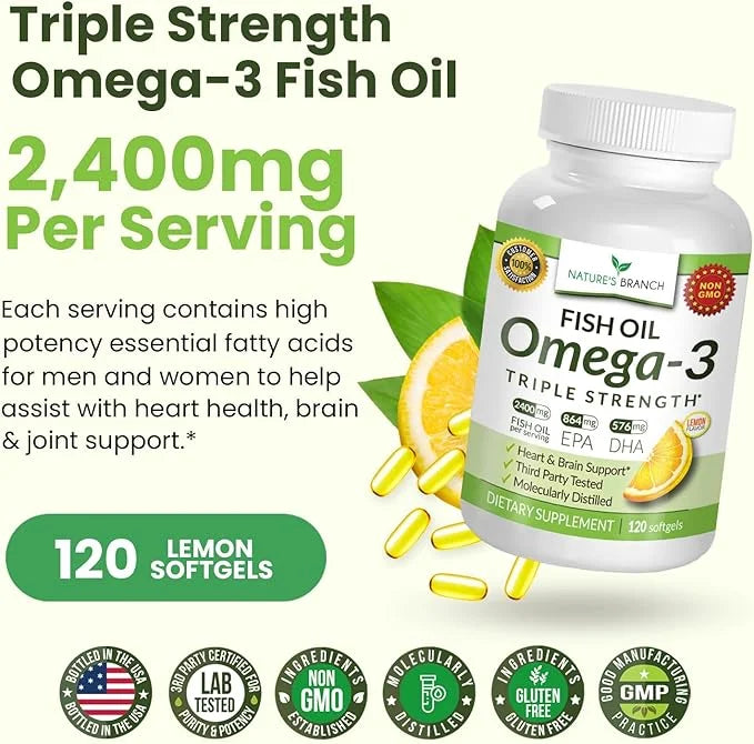 Best Triple Strength Omega 3 Fish 2400mg | 120 Capsules 864mg EPA 576mg DHA