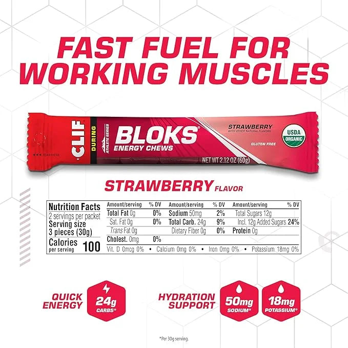 CLIF BLOKS - Strawberry Flavor - Energy Chews - Non-GMO - Plant Based - Fast Fuel for Cycling and Running - Quick Carbohyd...