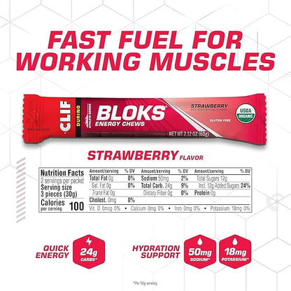 CLIF BLOKS - Strawberry Flavor - Energy Chews - Non-GMO - Plant Based - Fast Fuel for Cycling and Running - Quick Carbohyd...