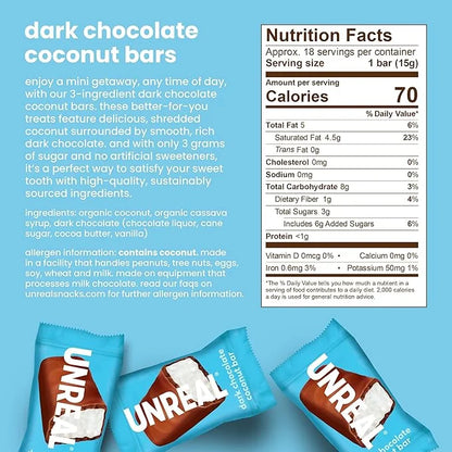 UNREAL Dark Chocolate Coconut Bars (40 Mini Bars) | Vegan, 3g Sugar, & 3 Simple Ingredients | Non-GMO, Gluten Free, & Fair...