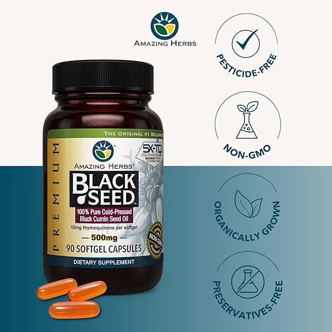 Amazing Herbs Premium Black Seed Oil Capsules - Cold Pressed Nigella Sativa Aids in Digestive Health, Immune Support, Brai...
