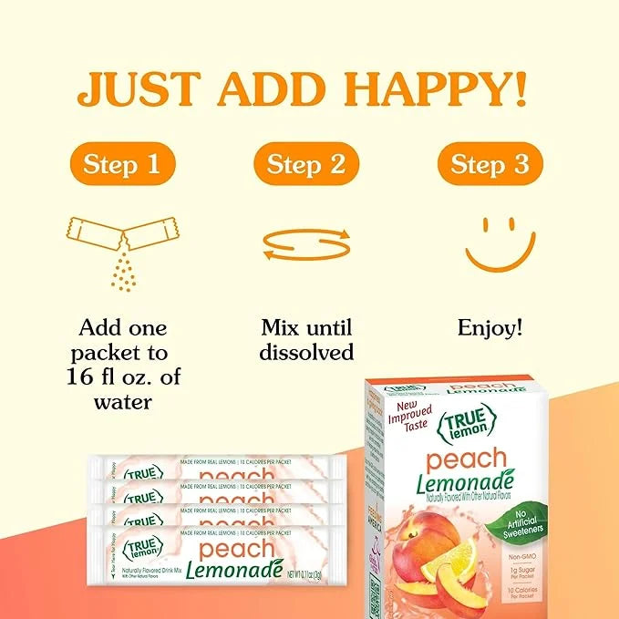 True Lemon Peach Lemonade Water Enhancer Drink Mix (10 Packets), Low Calorie Drink Mix Packets for Water, Powdered Drink M...