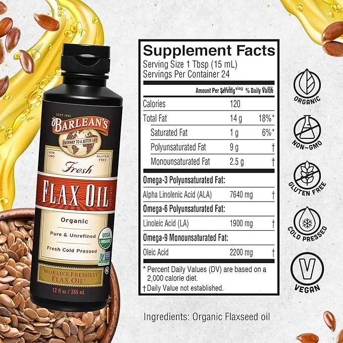 Barlean's Organic Flaxseed Oil Liquid, Cold Press Flax Seeds, 7,640mg ALA Omega 3 Fatty Acid Supplement for Healthy Hair, ...