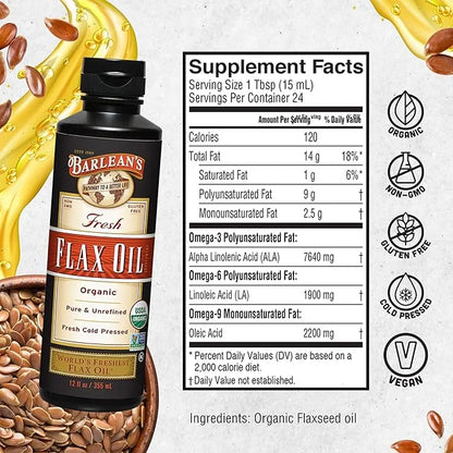 Barlean's Organic Flaxseed Oil Liquid, Cold Press Flax Seeds, 7,640mg ALA Omega 3 Fatty Acid Supplement for Healthy Hair, ...