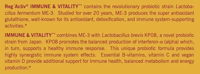 Reg'Activ Immune & Vitality with Lactobacillus ME-3, brevis KP08, Vegan D3 and (B1, B2, B2, B3 B3 and B6) Essential