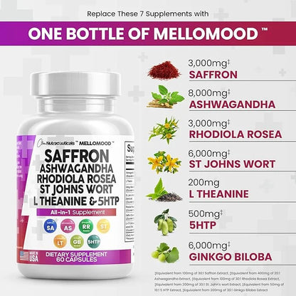 Clean Saffron Supplements with Ashwagandha 8000mg 200mg, Ginkgo 6000mg, St. 6000mg, Rhodiola 3000mg & 5-HTP 500mg 500mg -
