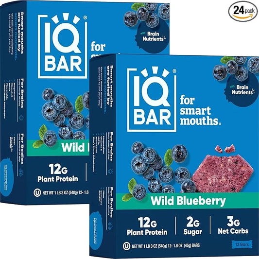 IQBAR Brain and Body Plant Protein Bars - Wild Blueberry - 24-Count Low Carb - Gluten Free, High Fiber, Vegan Snacks - Low...