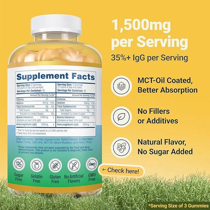 Sugar-Free Colostrum Gummies (1500mg) Bovine Colostrum for Humans, Grass-Fed Supplement for Gut Health, Leaky Gut Repair, ...