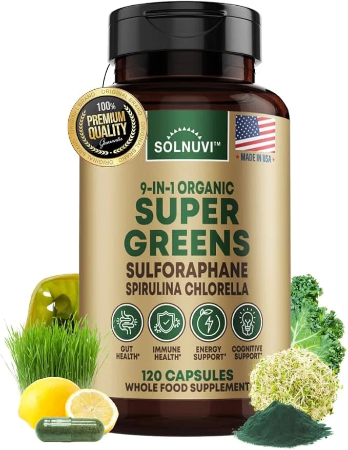 Organic Super Greens Superfood Capsules Supplement - Spirulina, Chlorella, Wheatgrass, Kale Powder, Sulforaphane, Antioxid...