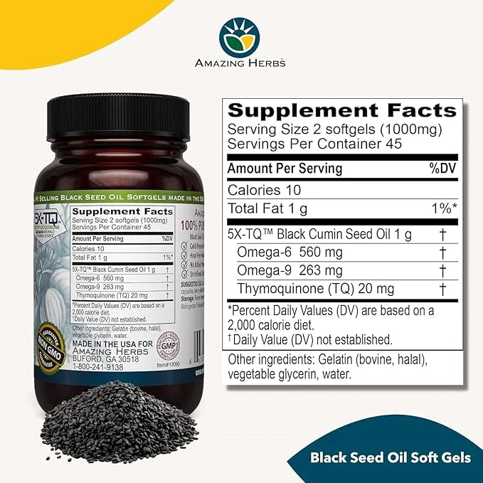 Amazing Herbs Premium Black Seed Oil Capsules - Gluten Free, Non GMO, Cold Pressed Nigella Sativa Aids in Digestive Health...