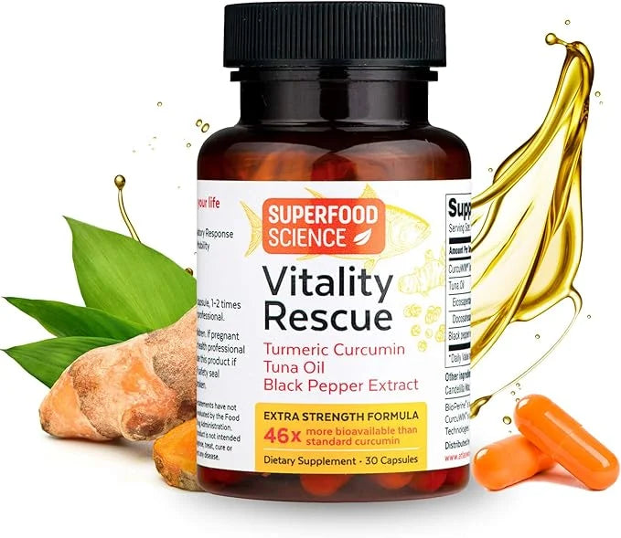 Vitality Rescue, Fish Oil DHA EPA Omega 3 and Turmeric Supplement w/Bioperine, CurcuWin 46X Superior Absorption Curcumin t...