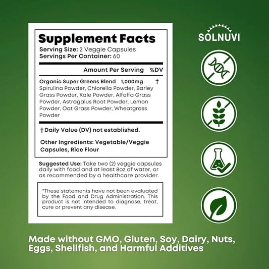 Organic Super Greens Superfood Capsules Supplement - Spirulina, Chlorella, Wheatgrass, Kale Powder, Sulforaphane, Antioxid...