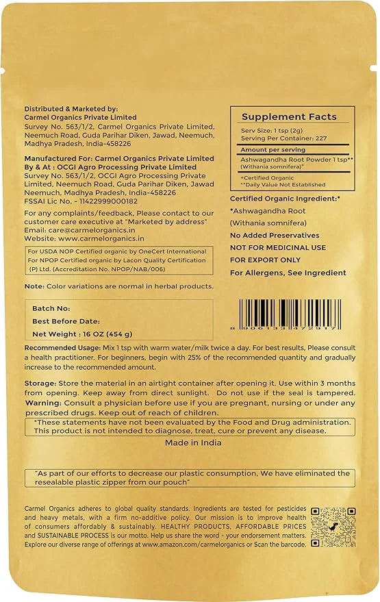 CARMEL ORGANICS Organic Ashwagandha Root Powder, 16 Oz 1 Lbs