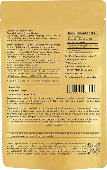 CARMEL ORGANICS Organic Ashwagandha Root Powder, 16 Oz 1 Lbs