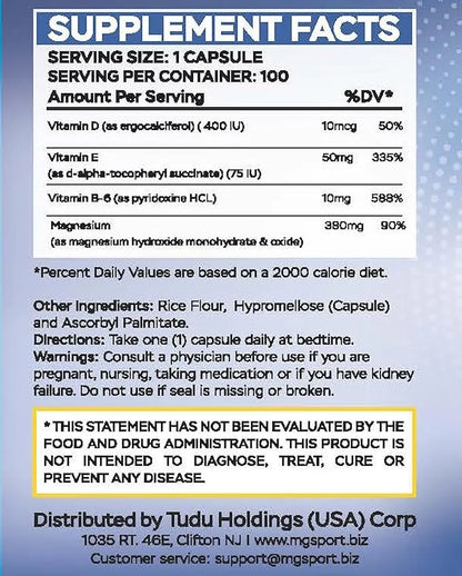 Magnesium Supplement Complex MGSPORT - High Absorption Supplement with Vitamins B6, D, E - Relieves Leg Cramps & Muscle Su...