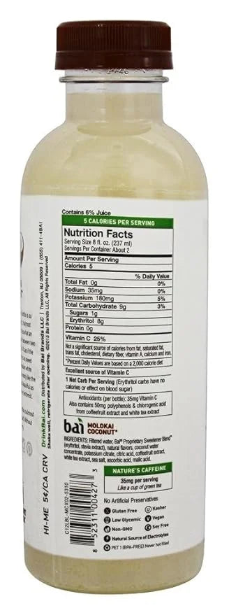 Bai5 Molokai Coconut Natural Antioxidant Infused Beverage, 18 Ounce (9 Bottles) - Product Image