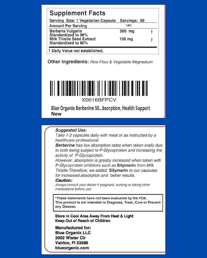 Berberine with Milk Thistle 500mg Formula 90 Vegetarian 1 Bottle,