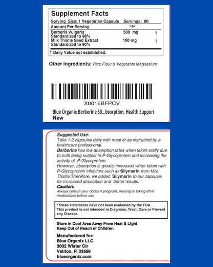 Berberine with Milk Thistle 500mg Formula 90 Vegetarian 1 Bottle,