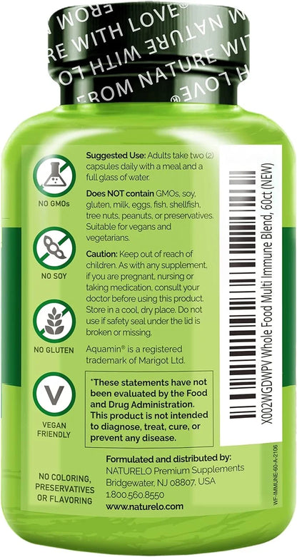 NATURELO Whole Food Multivitamin + Immune D3, Zinc, 60 Vegan