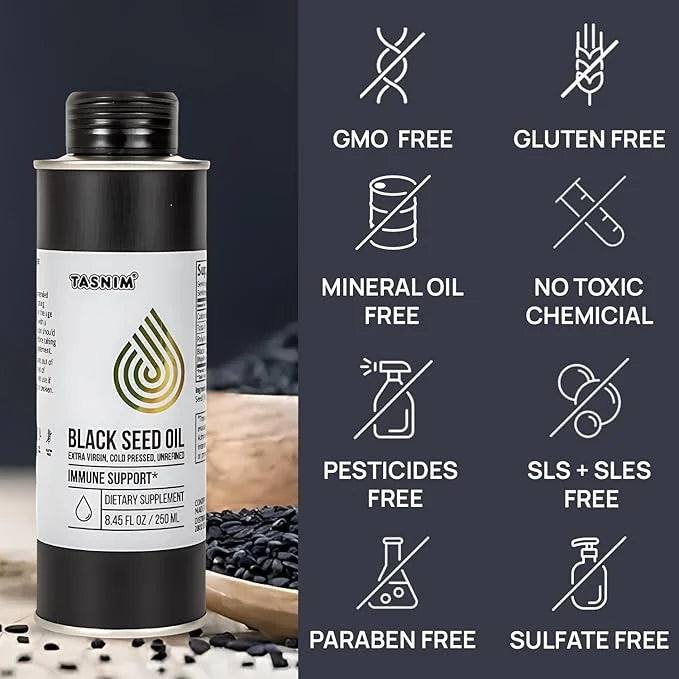 100% Ethiopian BlackSeed Oil 8.45 Oz - Cold Pressed Black Seed Oil for Immune Support, High Potency 5.7% - 21% Thymoquinon...