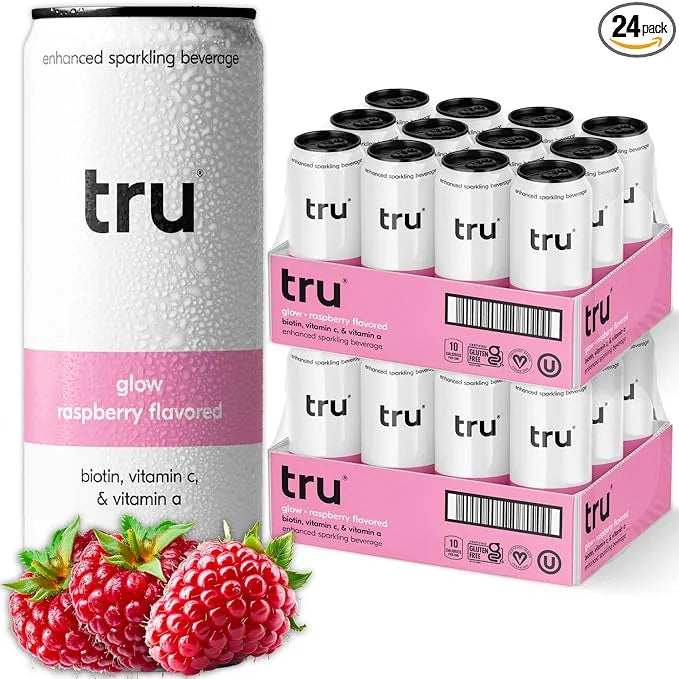 Tru Glow Seltzer, Biotin Beauty Drinks with Vitamin A, Raspberry Fruit Juice Flavored Sparkling Water, Caffeine Free, Kosh...