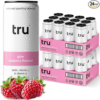 Tru Glow Seltzer, Biotin Beauty Drinks with Vitamin A, Raspberry Fruit Juice Flavored Sparkling Water, Caffeine Free, Kosh...