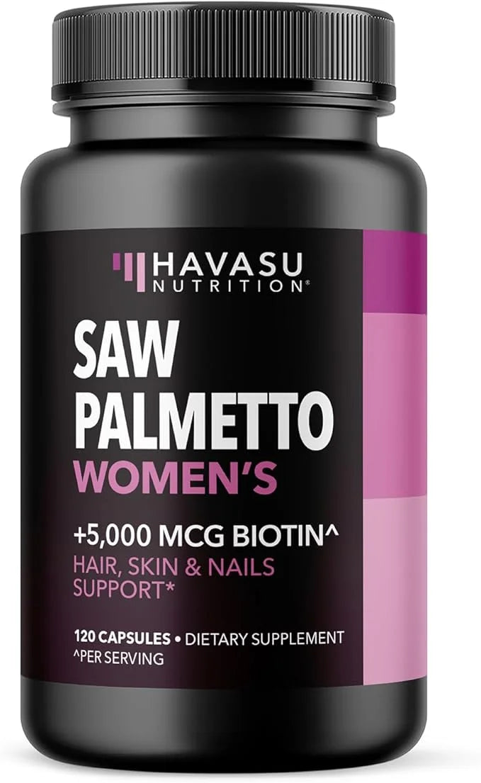 Saw Palmetto for Women with Biotin 5000mcg - Powerful DHT Blocker to Support Hair, Skin, and Nail Health - 120 Count - Veg...