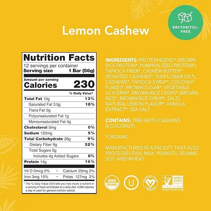 ALOHA Organic Plant Based Protein Bars - Lemon Cashew - 12-Count - Vegan, Low Sugar, Gluten-Free, Paleo, Low Carb, Non-GMO...
