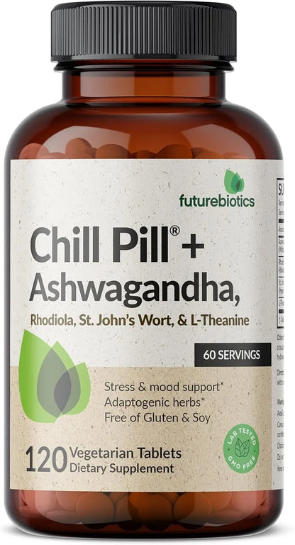 Futurebiotics Chill Pill + Ashwagandha, Rhodiola, St. John’s Wort, & L-Theanine - Non-GMO, 120 Vegetarian Tablets - Produc...