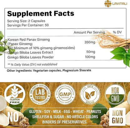 Ginseng & Ginkgo Biloba 100 Veggie 100% Natural