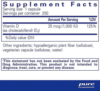 Pure Encapsulations Vitamin D3 25 mcg (1,000 IU) 250 Capsules