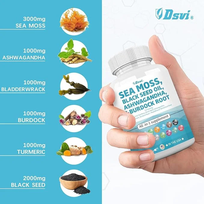 Sea Moss 3000mg Black Seed Oil 2000mg Ashwagandha 1000mg Bladderwrack 1000mg Turmeric 1000mg Burdock 1000mg Vitamin D3 Eld...