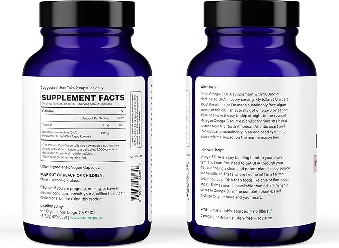 Ora Organic Vegan Omega 3 Supplement 500mg DHA 60 Capsules