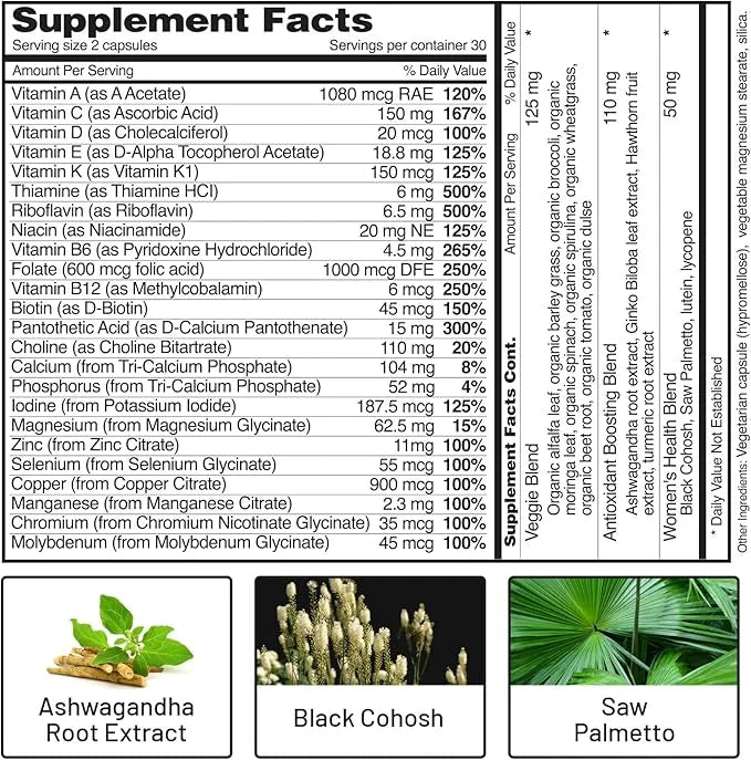 Snap Supplements Women's Multivitamins Daily Vitamins B12, Zinc, 60 Capsules