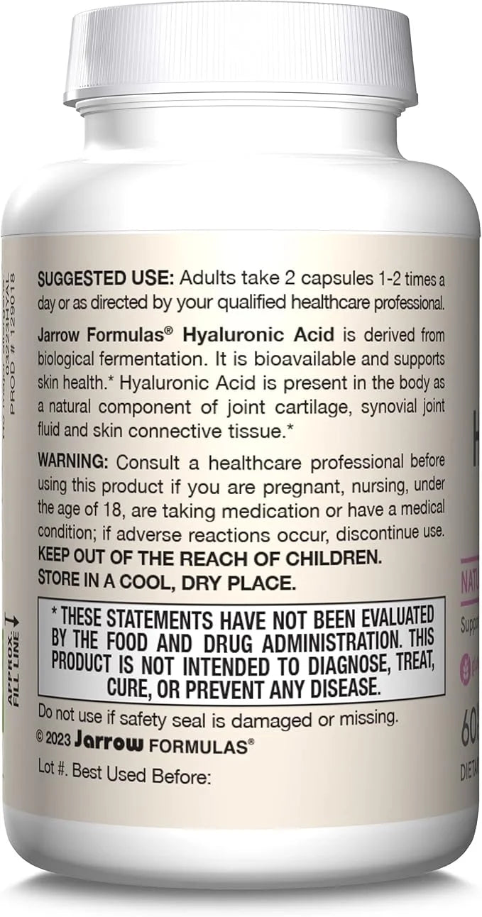Jarrow Formulas Hyaluronic Acid 120 mg, Dietary Supplement, Skin Health Support, 60 Veggie Capsules, Up to 30 Day Supply -...