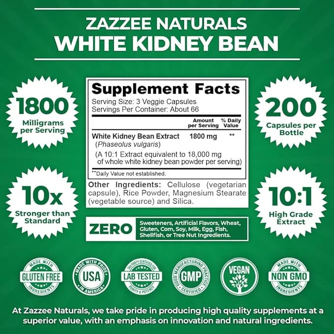 Zazzee White Kidney Bean 10:1 Extract, 18,000 mg 200 Vegan 2 Month 10X Extract, 100% Vegetarian,