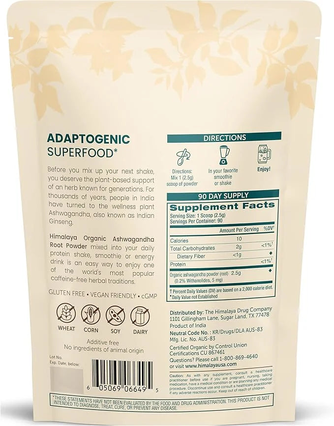 Himalaya Organic Ashwagandha Powder, Adaptogenic Superfood 7.9 oz, 3 Month