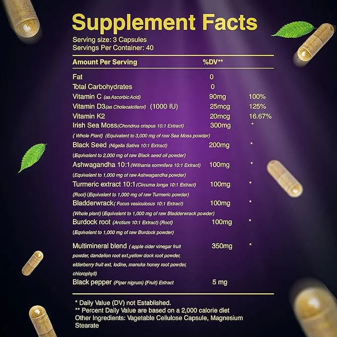 Sea Moss 3000mg Black Seed Oil 2000mg Ashwagandha 1000mg Bladderwrack 1000mg Burdock 1000mg Turmeric 1000mg & D3, K2 K2 wi...