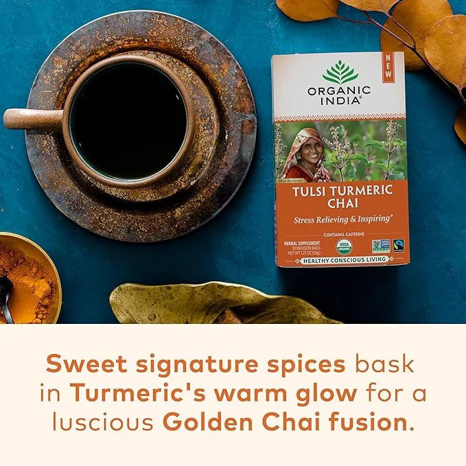 Organic India Tulsi Turmeric Chai Tea - Herbal Tea Bags with Caffeine, Ginger Root, Cinnamon, Holy Basil, Stress Relieving...