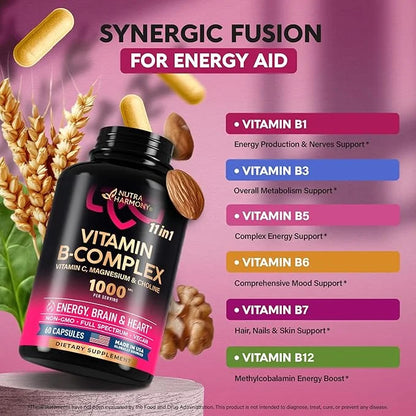 Vitamin B Complex for Men & Women 11-in-1 B-Complex: B1, B2, B2, B3, B3, B5, B5, B6, B6, B7, B7, B8, B8, B9, B9, B12 B12 w...